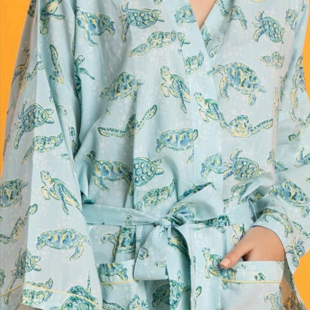Mahogany Turtle Print Cotton Robe Size S Light Green Kimono Dressing Gown - Picture 4 of 11